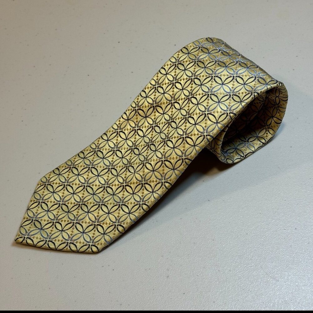 Ermengildo Zegna Silk‎ Yellow Gold Geometric Tile Neck Tie Length 61" Width 3.5"